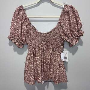 Originality Brown and Ivory Floral Smocked Puff Sleeve Babydoll Top, Sz S